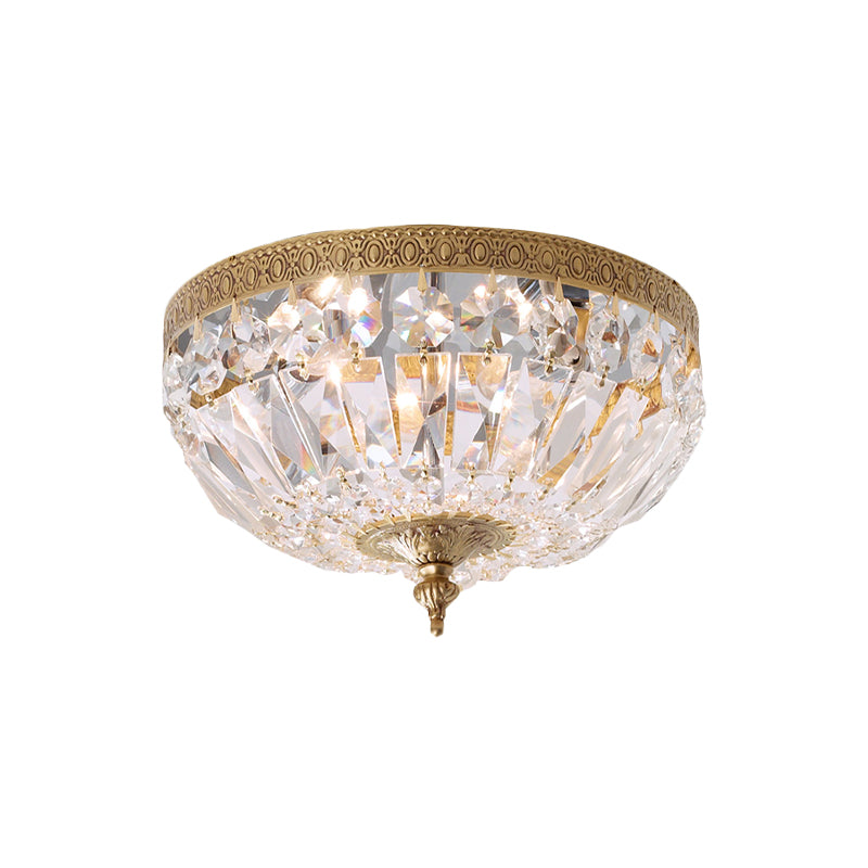 Modern Brass Bowl-Shape Ceiling Flush Light With Crystal Strand - 2 Bulbs Bedroom Lamp