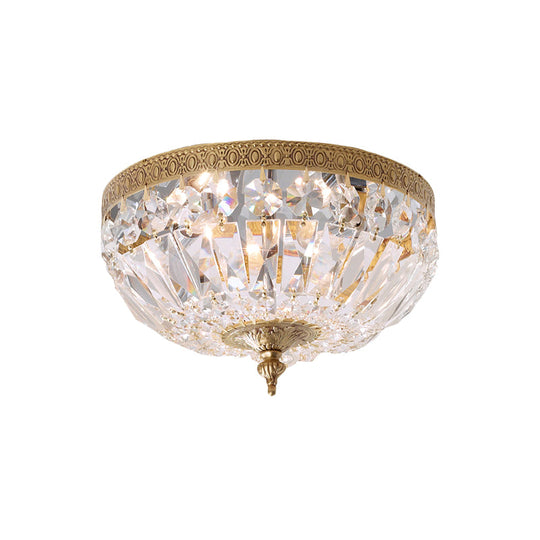 Modern Brass Bowl-Shape Ceiling Flush Light With Crystal Strand - 2 Bulbs Bedroom Lamp