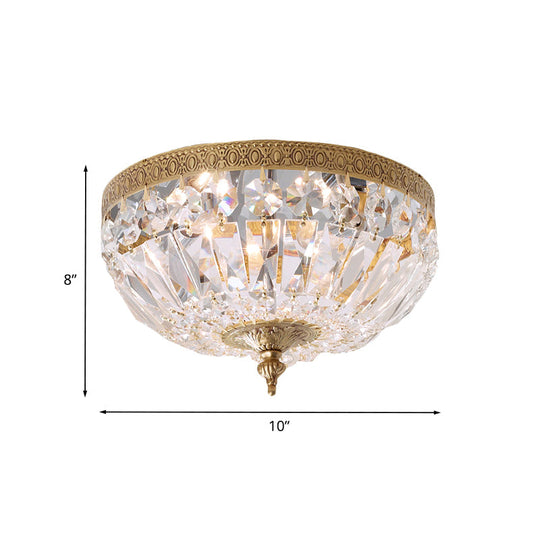 Modern Brass Bowl-Shape Ceiling Flush Light With Crystal Strand - 2 Bulbs Bedroom Lamp
