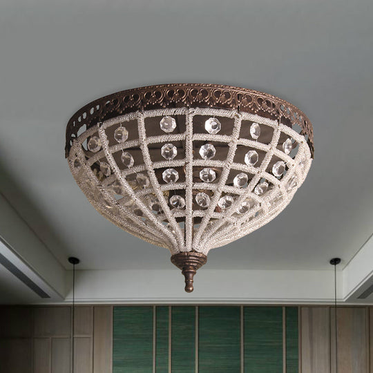 Antiqued Bronze Domed Cage Flush Mount Lamp With 2 - Light Crystal Bead Ceiling Fixture