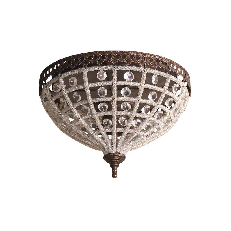Antiqued Bronze Domed Cage Flush Mount Lamp With 2 - Light Crystal Bead Ceiling Fixture