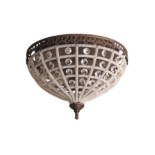 Antiqued Bronze Domed Cage Flush Mount Lamp With 2 - Light Crystal Bead Ceiling Fixture