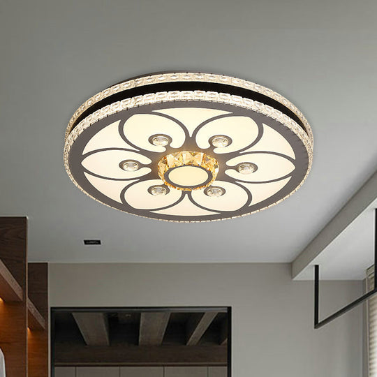 Modern Led Crystal Block Circle Ceiling Light With Four - Leaf Clover/Flower Pattern In Chrome /