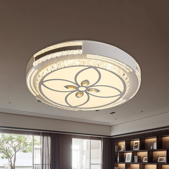 Modern Led Crystal Block Circle Ceiling Light With Four-Leaf Clover/Flower Pattern In Chrome