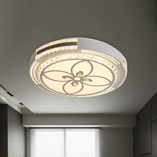Modern Led Crystal Block Circle Ceiling Light With Four - Leaf Clover/Flower Pattern In Chrome