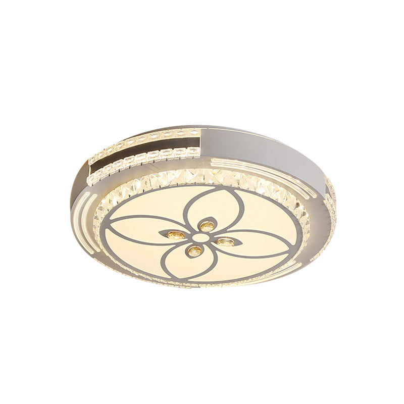 Modern Led Crystal Block Circle Ceiling Light With Four-Leaf Clover/Flower Pattern In Chrome