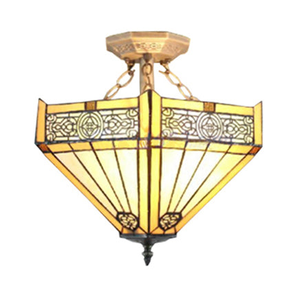 Retro Loft Beige Ceiling Fixture: Tiffany-Inspired Stained Glass Semi Flush Mount Light For