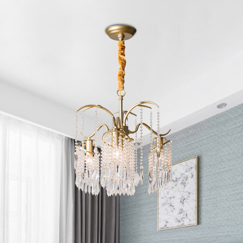 4-Bulb Gold Chandelier With Modern Windbell Crystal Beads