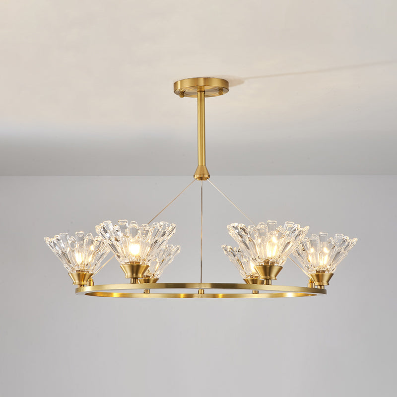 Modern Gold Rounded Pendant Chandelier With Crystal Facets - Suspended Dining Room Lighting Fixture