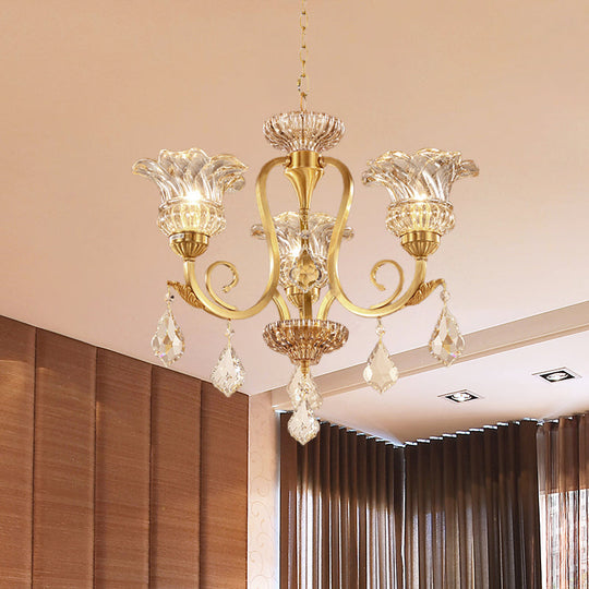 European Draping Crystal Ball Chandelier - Gold Floral Shade Pendant Lamp With 3 Lights
