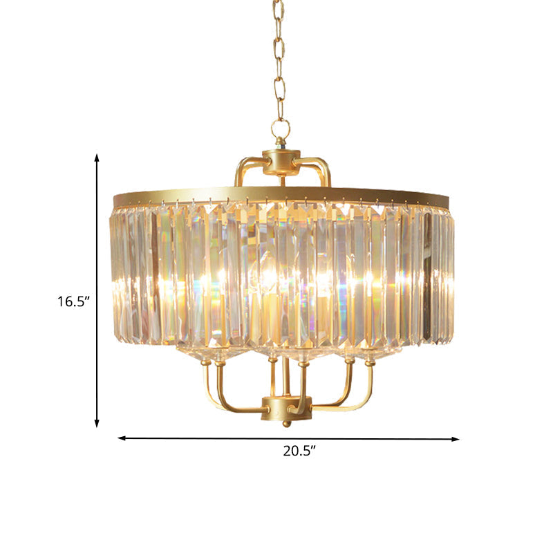 Contemporary Gold Drum Crystal Block Chandelier - 6-Head Ceiling Lighting Fixture For Guest Room