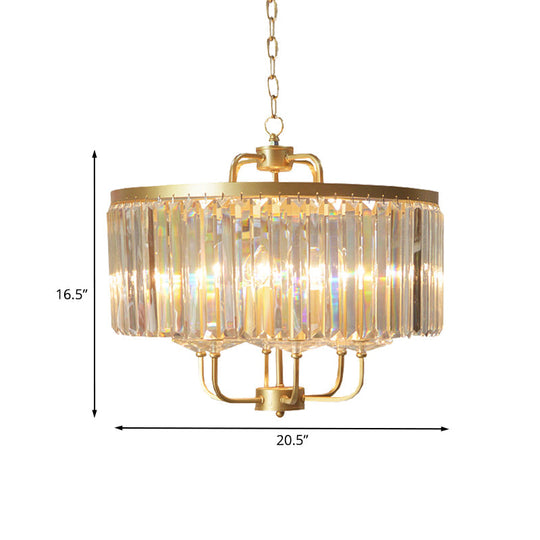 Contemporary Gold Drum Crystal Block Chandelier - 6-Head Ceiling Lighting Fixture For Guest Room