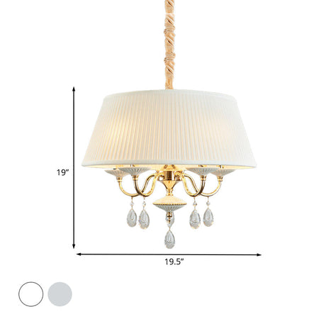 Minimalist Drum Chandelier With Crystal Droplet - 4 Heads Pendant Lamp In White/Grey
