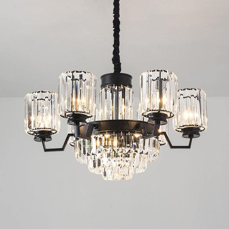 Modern Fluted Glass Rods Pendant Chandelier With 9 Bulbs And Cylindrical Shade In Black