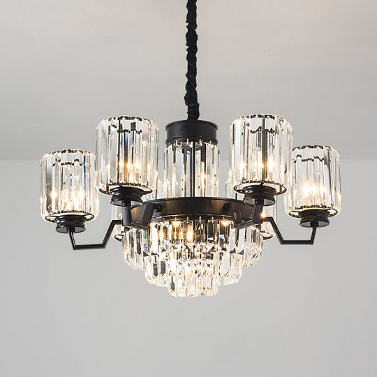 Modern Fluted Glass Rods Pendant Chandelier With 9 Bulbs And Cylindrical Shade In Black