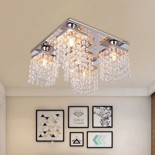 Modern Crystal Chain Ceiling Mount Light Fixture - 4 - Light Flush For Living Room Clear
