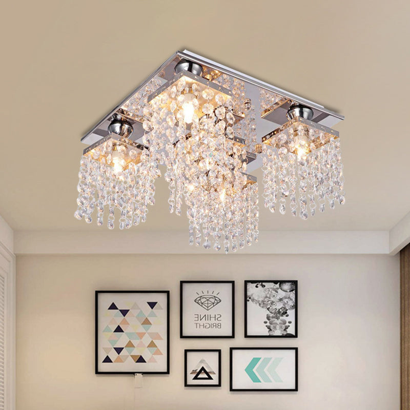 Modern Crystal Chain Ceiling Mount Light Fixture - 4-Light Flush For Living Room Clear