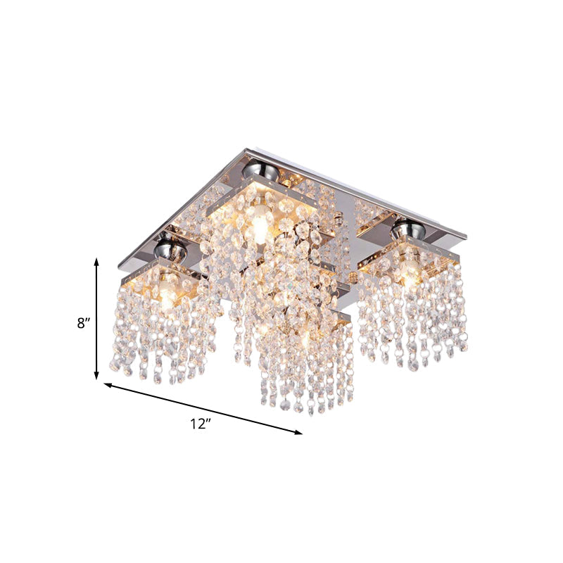 Modern Crystal Chain Ceiling Mount Light Fixture - 4-Light Flush For Living Room