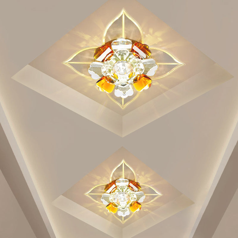 Tan Led Crystal Flushmount Ceiling Lamp Minimalist Flower Design