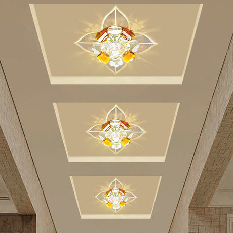 Tan Led Crystal Flushmount Ceiling Lamp Minimalist Flower Design