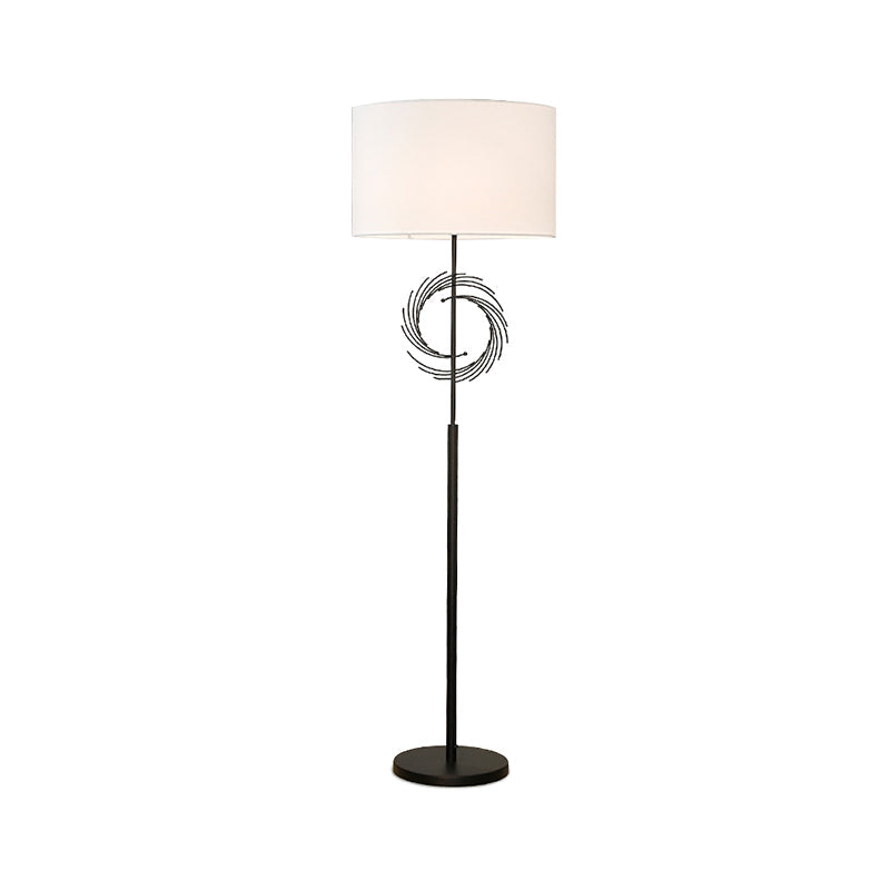 Sleek White/Black Circle Floor Light: Simplicity 1 Bulb Metal Standing Lamp With Fabric Drum Shade