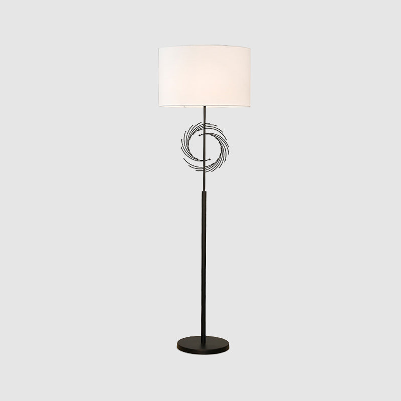 Sleek White/Black Circle Floor Light: Simplicity 1 Bulb Metal Standing Lamp With Fabric Drum Shade