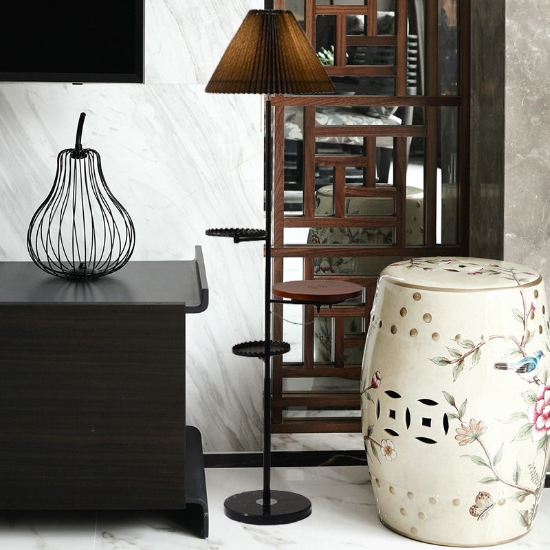 Modern Cone Stand Up Lamp: 1-Bulb Floor Reading Light With Wood Shelves In Black