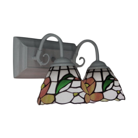 Orange Stained Glass Peony Wall Mount Tiffany Sconce Light With Curved Arm - 2 Heads