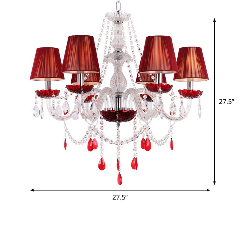 Modern Red Crystal Chandelier - 6 Bulb Pendant Light Fixture With Conical Shade