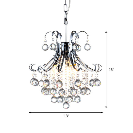Modern Crystal Curvy Arm Chandelier - 3 Lights Chrome Ceiling Light For Dining Room