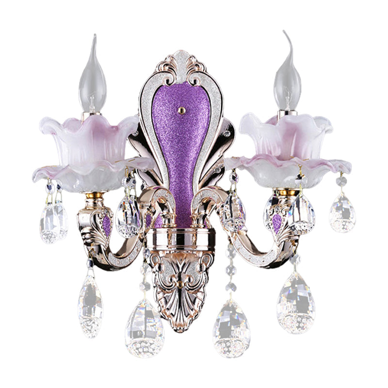 Modern Purple Candelabra Wall Mount Light With Crystal Drop - 1/2 Lights Jade Sconce Fixture