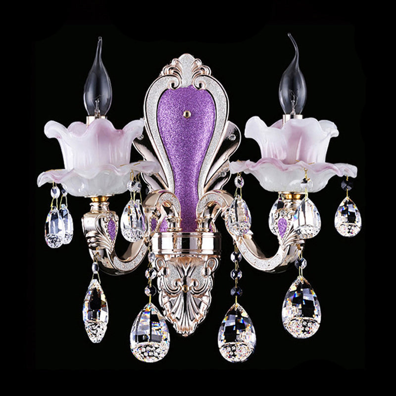 Modern Purple Candelabra Wall Mount Light With Crystal Drop - 1/2 Lights Jade Sconce Fixture