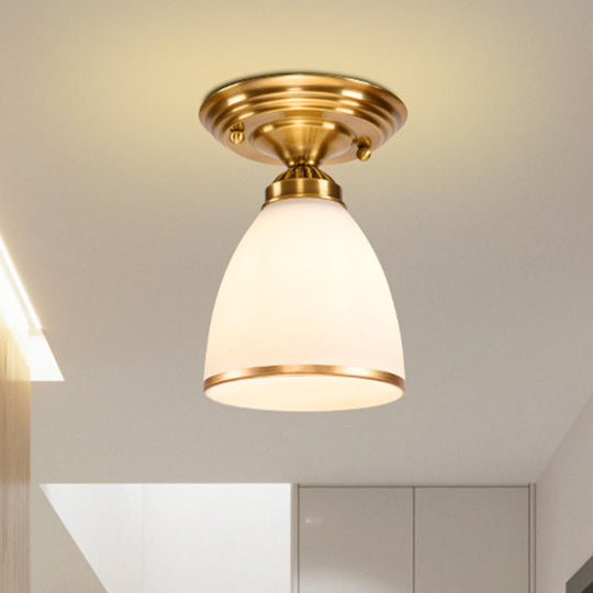 Classic 1-Light Glass Flush Mount Lamp In Brass - Globe/Cone Design For Corridor Ceiling Lighting