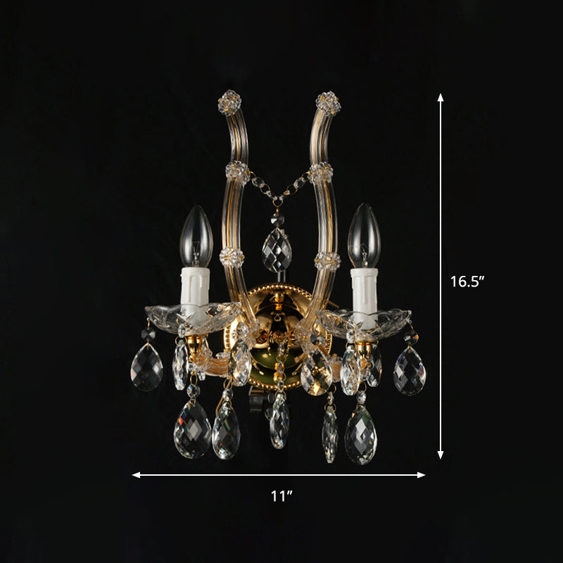 Contemporary Amber Glass Wall Light With Crystal Deco - Gold Finish 2 Lights