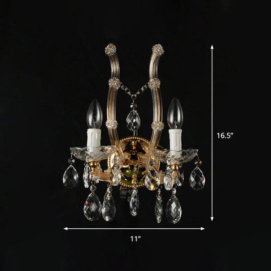 Contemporary Amber Glass Wall Light With Crystal Deco - Gold Finish 2 Lights