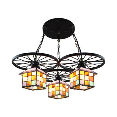 Tiffany Creative Suspension Light: Wheel House Stained Glass Chandelier (3 Lights) - Ideal For