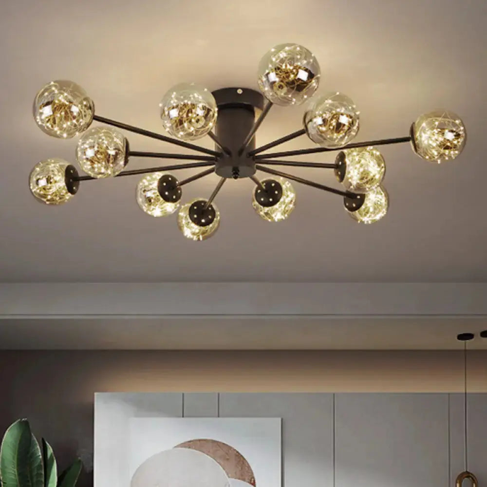 Contemporary Black Ceiling Light Fixture With Radial Smoke Grey Glass - Living Room Semi Flush