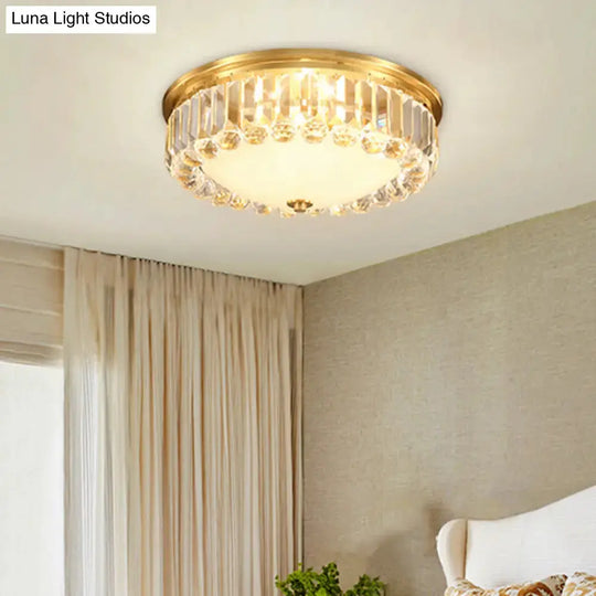 Country Brass Led Flush Ceiling Light With Frosted Glass And Crystal Round Edge