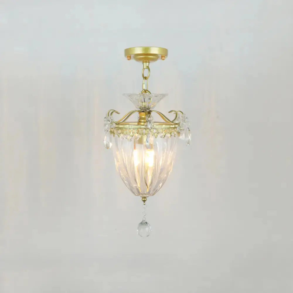 Geometric Brass Semi Flush Crystal Ceiling Mount - Traditional 1-Light Fixture For Hallways / G
