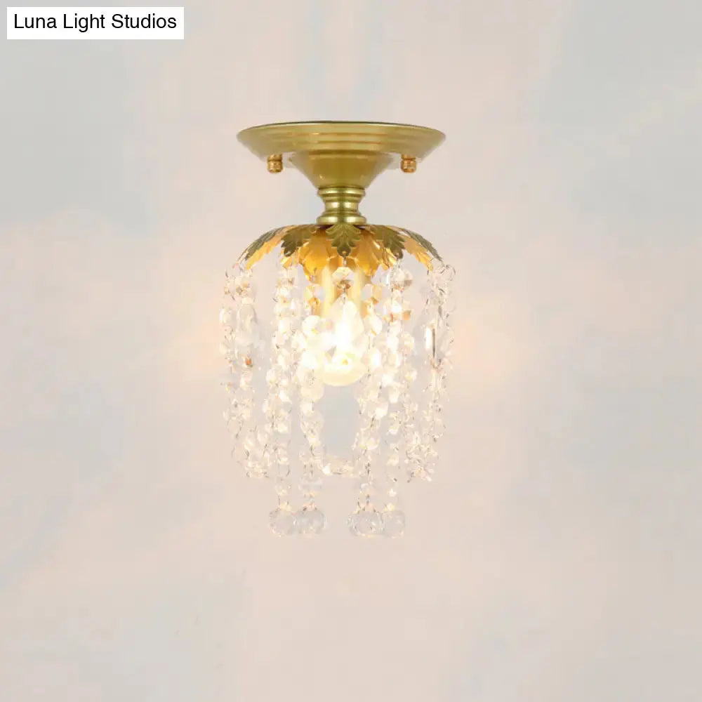 Geometric Brass Semi Flush Crystal Ceiling Mount - Traditional 1-Light Fixture For Hallways