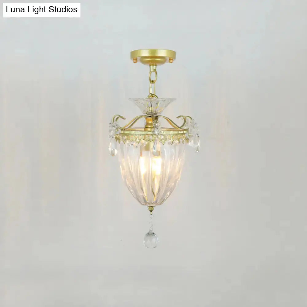 Geometric Brass Semi Flush Crystal Ceiling Mount - Traditional 1-Light Fixture For Hallways