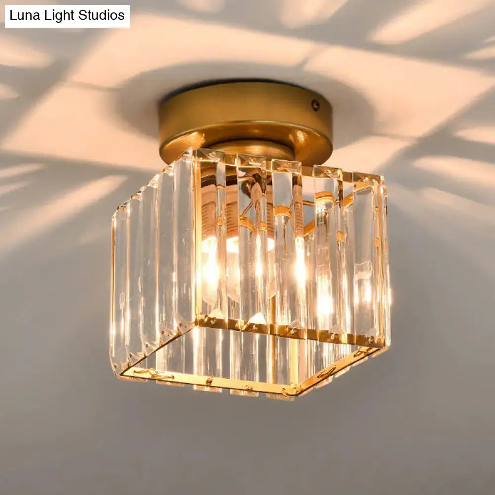Sleek Crystal Ceiling Lamp: Square/Cylinder Corridor Semi Flush Mount In Black/Gold For Simplicity