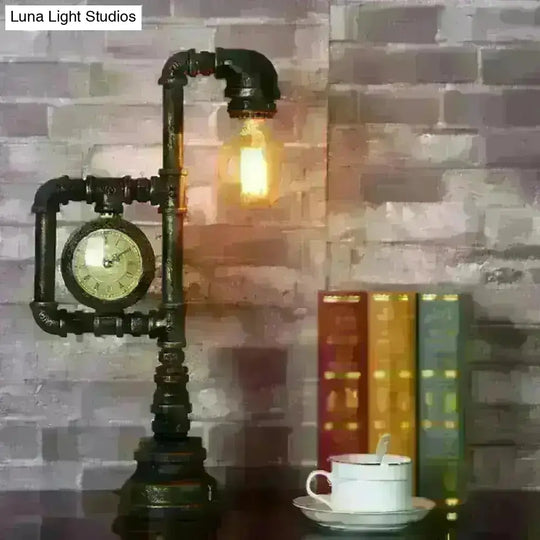Grace - Retro Plumbing Pipe Night Light 1 Head Iron Table Lighting With Clock In Bronze For Bedroom