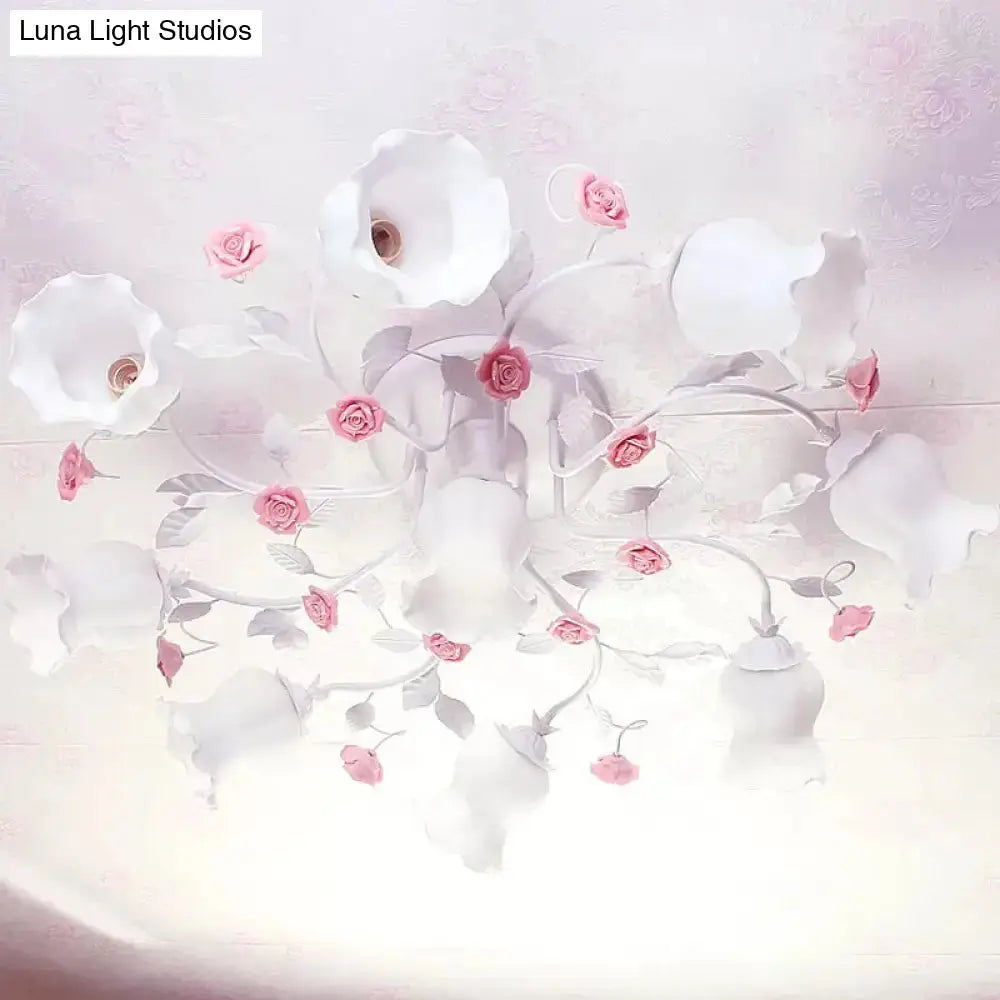 Frosted Cream Glass Ruffle Ceiling Light - 9 Lights Semi Flush Mounted Lamp For Bedrooms Pink/Green