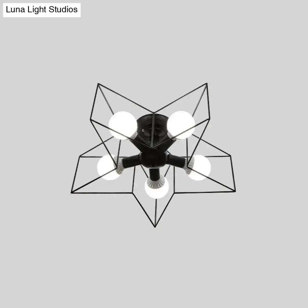 Iron Geometric Cage Flush Mount Lighting - Nordic Style 5-Head Fixture Black Ideal For Corridors