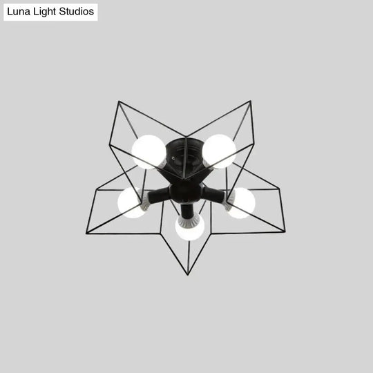 Iron Geometric Cage Flush Mount Lighting - Nordic Style 5-Head Fixture Black Ideal For Corridors