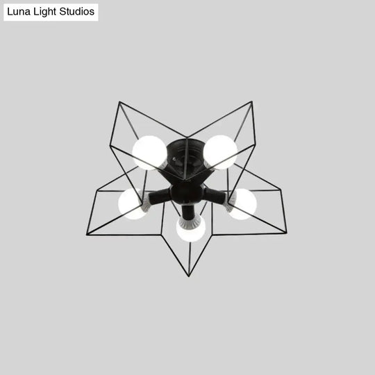 Iron Geometric Cage Flush Mount Lighting - Nordic Style 5-Head Fixture Black Ideal For Corridors