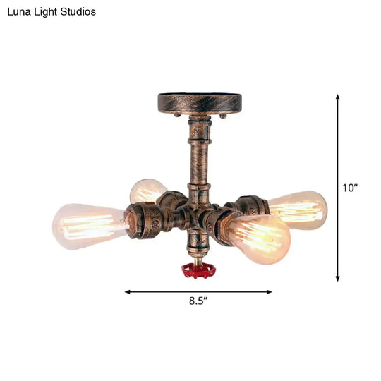 Iron Industrial-Style 4-Light Bronze Semi Flush Mount With Burst Pipe Foyer Ceiling Design