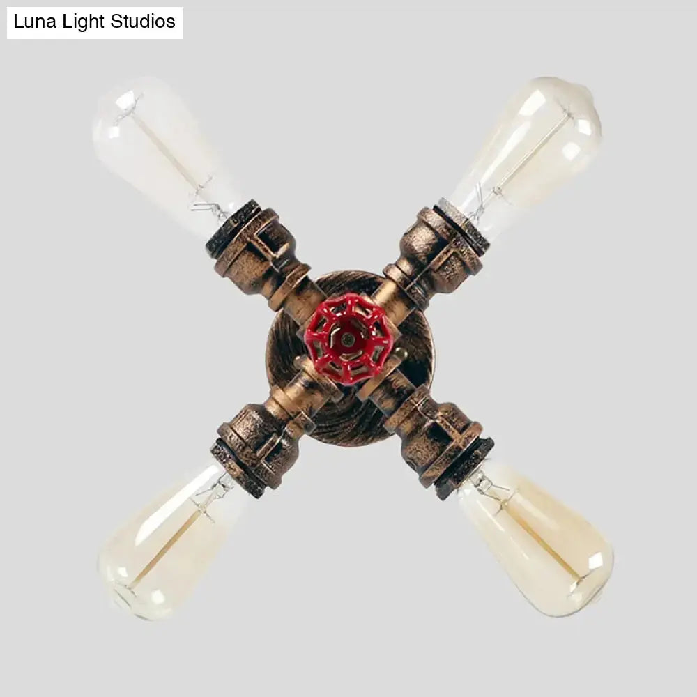 Iron Industrial-Style 4-Light Bronze Semi Flush Mount With Burst Pipe Foyer Ceiling Design