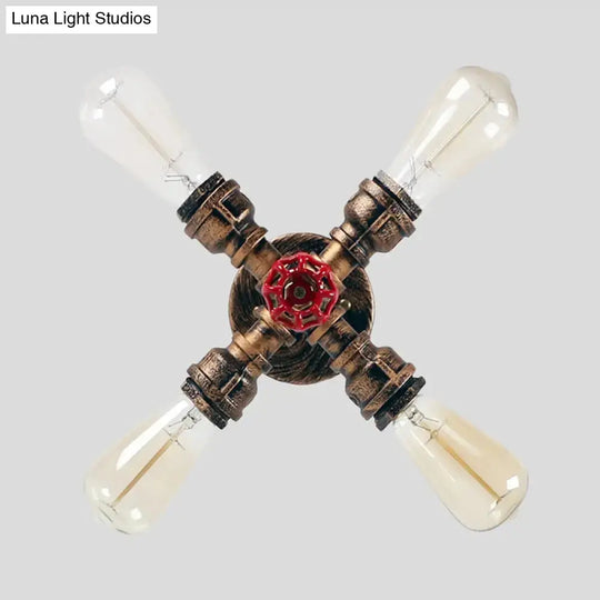 Iron Industrial-Style 4-Light Bronze Semi Flush Mount With Burst Pipe Foyer Ceiling Design